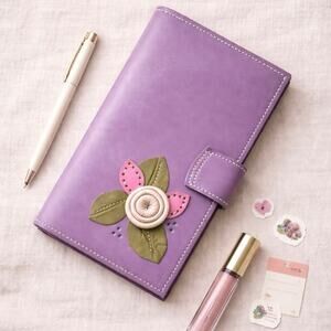 Lilac Leather Organizer with 3D Floral Appliqué | Y2K Soft Girl Journalcore NWOT